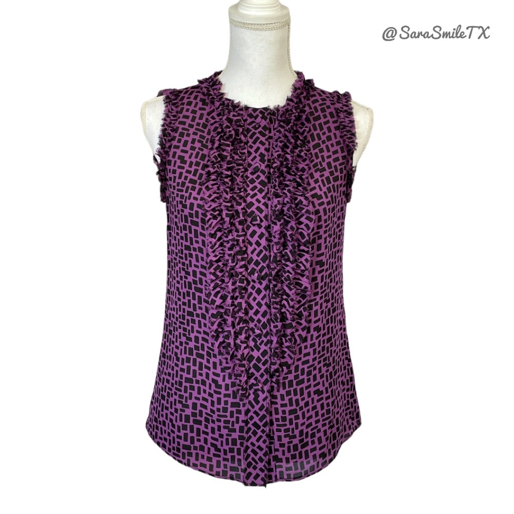 TORY BURCH Silk Geometric Print Ruffle Trim Button Down Sleeveless Top
